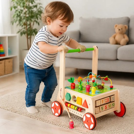Houten Loopwagen Baby met Activiteitenkubus - Montessori Loopstoel & Educatief Speelgoed van Houten — afbeelding 2