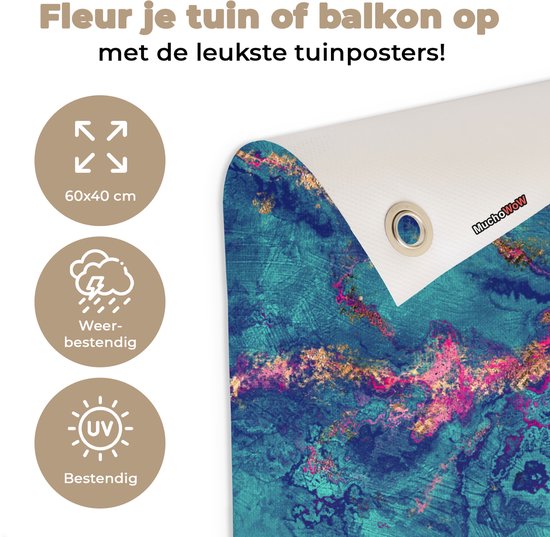 Tuinposter 60x40 cm - Tuindecoratie Marmer - Verf - Roze - Blauw - Poster voor in de tuin - Buiten decoratie - Schutting tuinschilderij - Tuindoek muurdecoratie - Wanddecoratie balkondoek