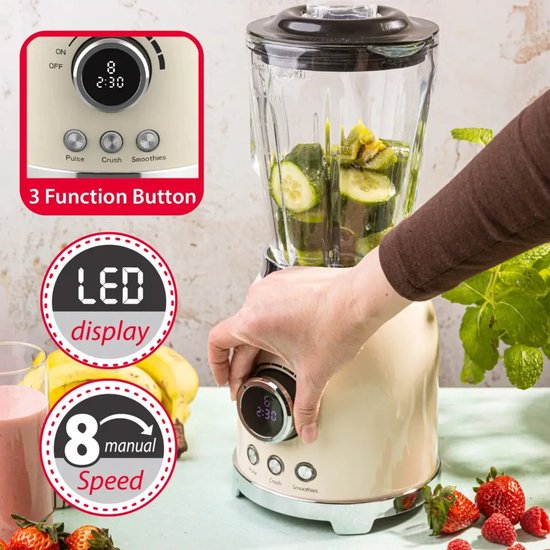 Klausberg - Blender - Smoothie Maker met LED Display - IJscrusher - Glazen Blender met 6 RVS Messen - Smoothie Blender met Timer - Keuken Blender 8 Snelheden - Crushed Ice Mixer - 1.5L - 600W - Crème van Merkloos — afbeelding 3