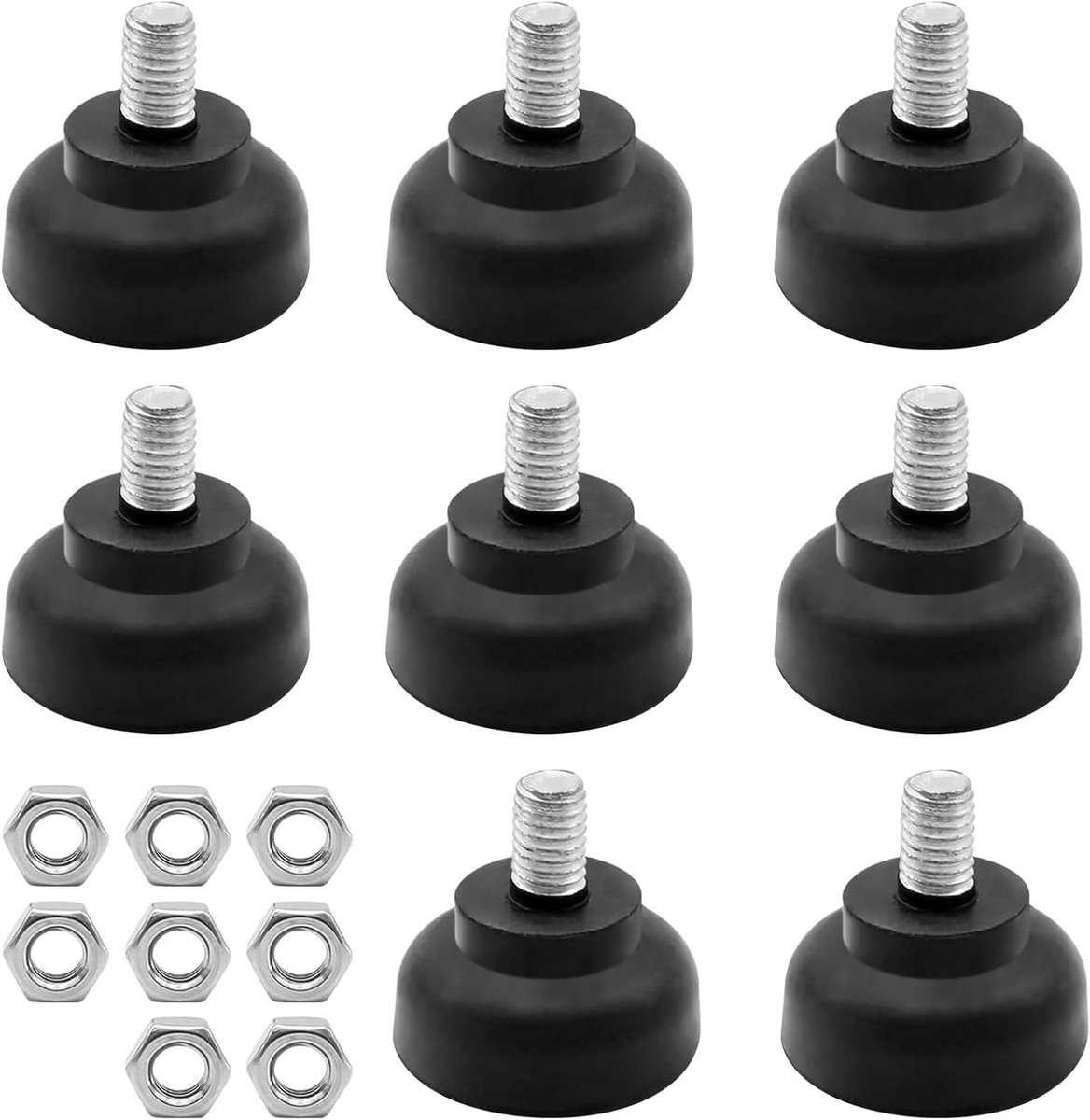 Set van 8 Verstelbare Meubelpoten M8 x 35 mm - Ronde Rubber Voeten met Schroeven en 8 Moeren - Antislip en Schokabsorberend voor Tafel, Stoelen en Kasten in Zwart