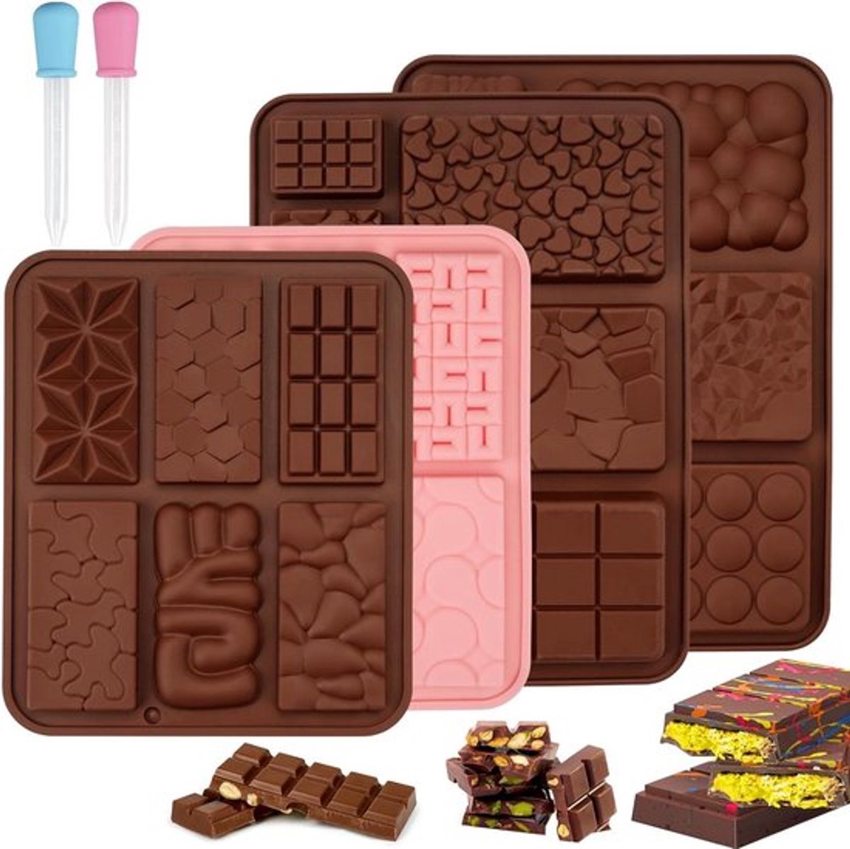 Diepe Siliconen Chocoladevormen Set, Met Druppelaars, Voedingskwaliteit, BPA-vrij