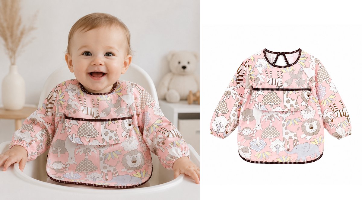 Slabbetje met Lange Mouwen & Opvangbak – Waterproof Kliederschort Baby & Peuter – Jungle Dieren Roze