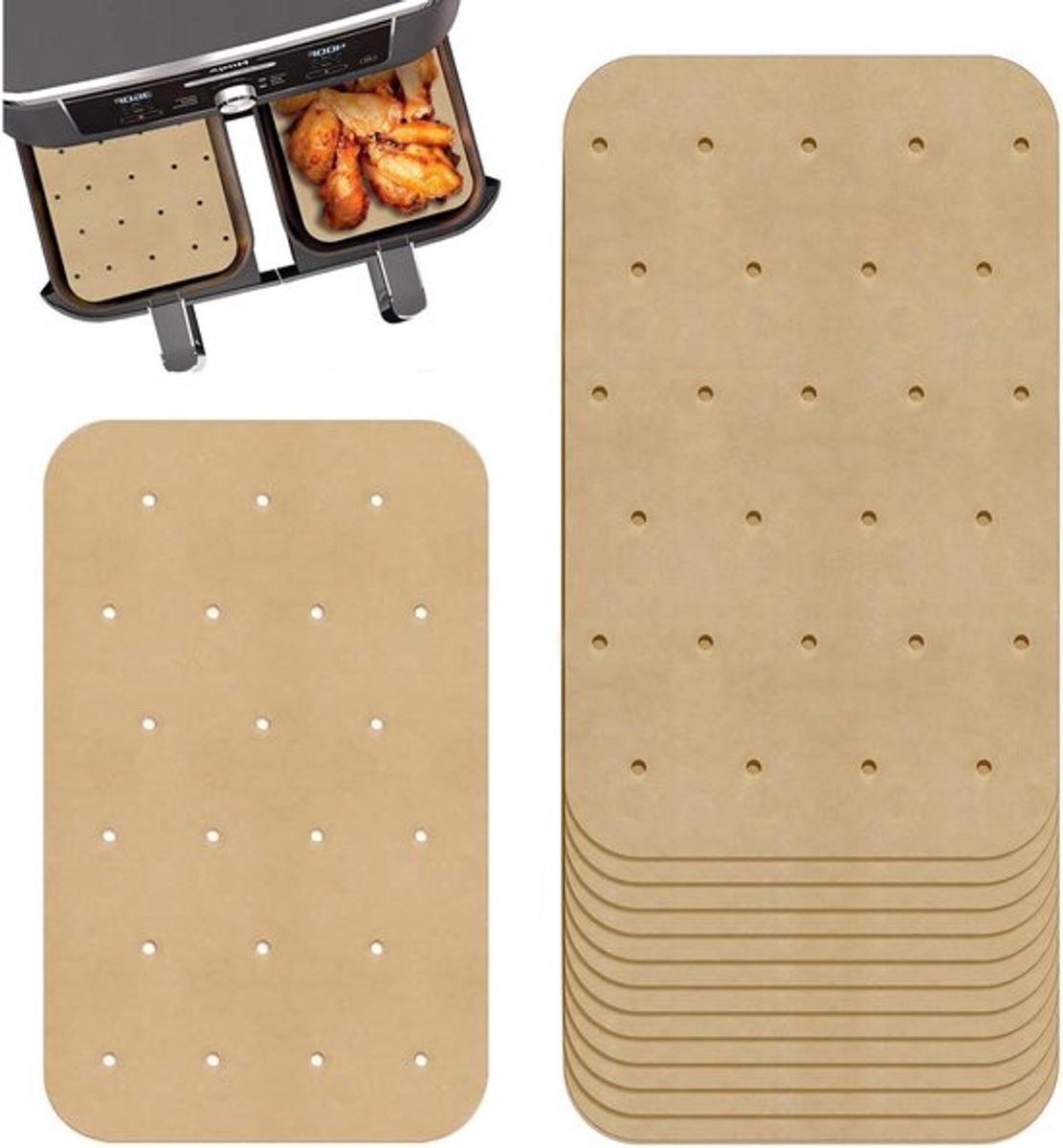 Bakpapier voor Airfryer - 100 stuks - 20,5 x 14 cm - Rechthoekig - Geperforeerde vellen - Perkamentpapier - Keukenolie - Antiaanbaklaag