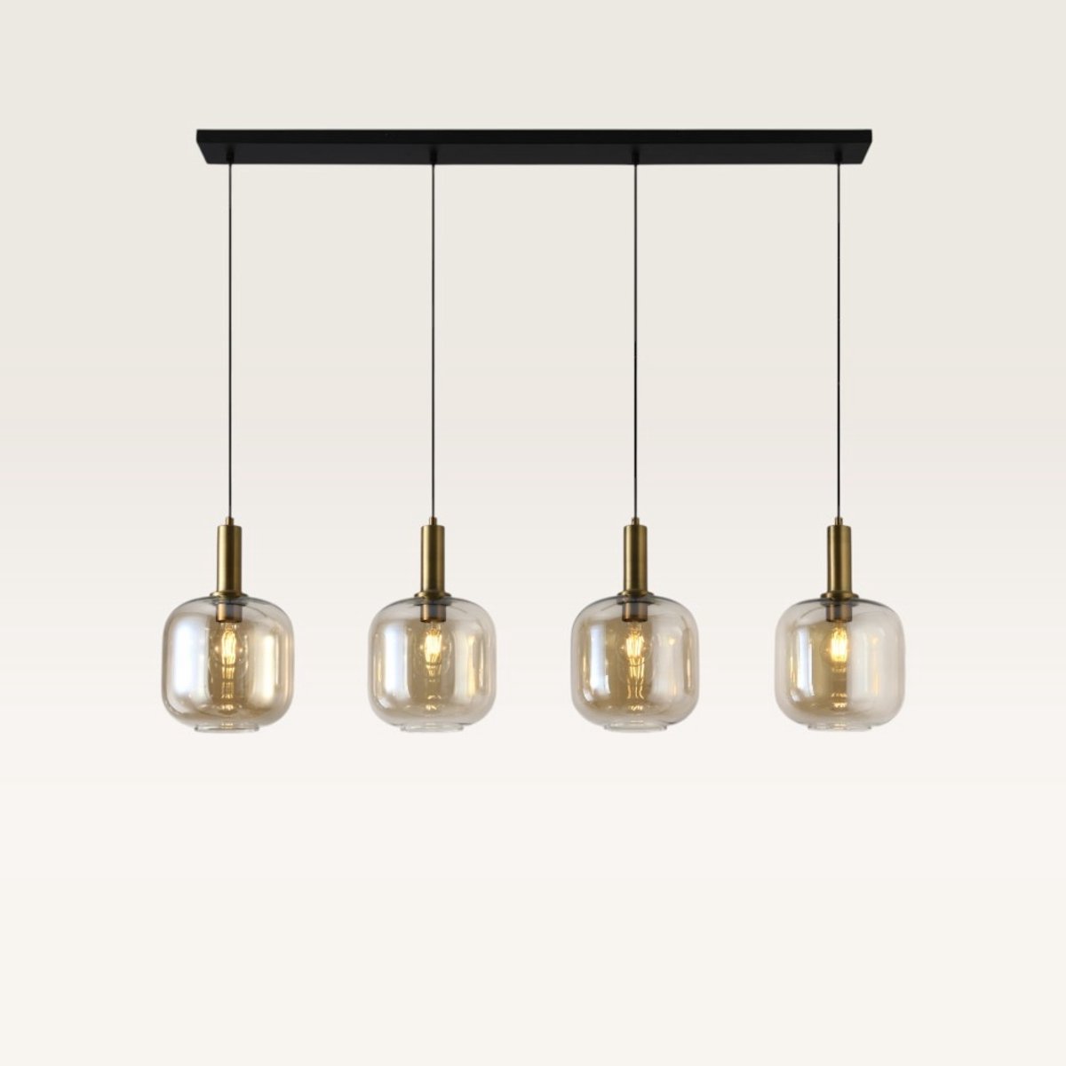 Lusenz - Hanglamp eettafel - 4 lichts Amber glas - Design hanglamp - E27 Fitting - Dimbaar - Zwart - Voor Eetkamer, gang, woonkamer, slaapkamer - Hoogte verstelbaar - Moderne hanglamp