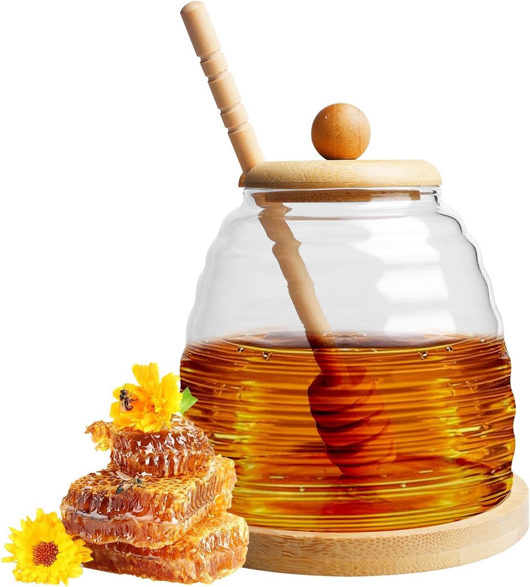Glazen honingpot met houten deksel en lepel - 500ml honingdispenser, transparante honingopslag, ideaal voor siroop en zoetstoffen