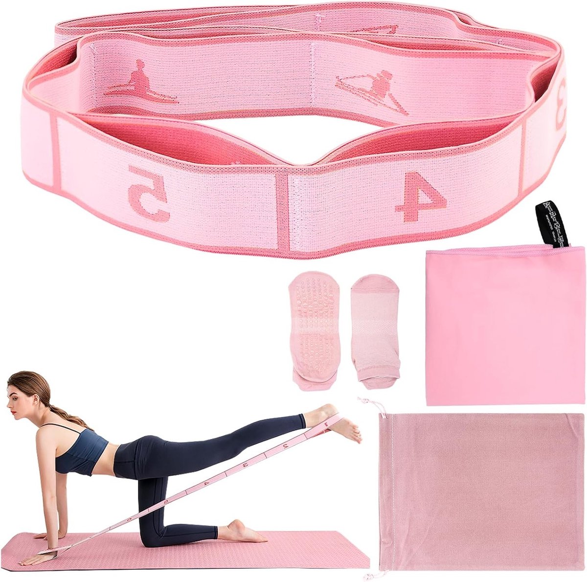 Complete Yoga Accessoire Set met Weerstandsband, Handdoek en Antislip Sokken - 90 cm Verstelbare Fitnessriem voor Strekken, Pilates en Dans