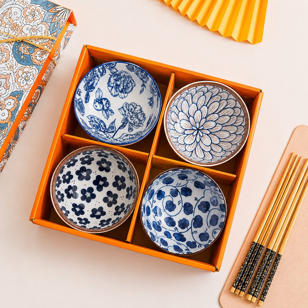 Snackschalen 4-delig – tapas schaaltjes – 225 ml – Luxe Geschenkset - Orientaals blauw