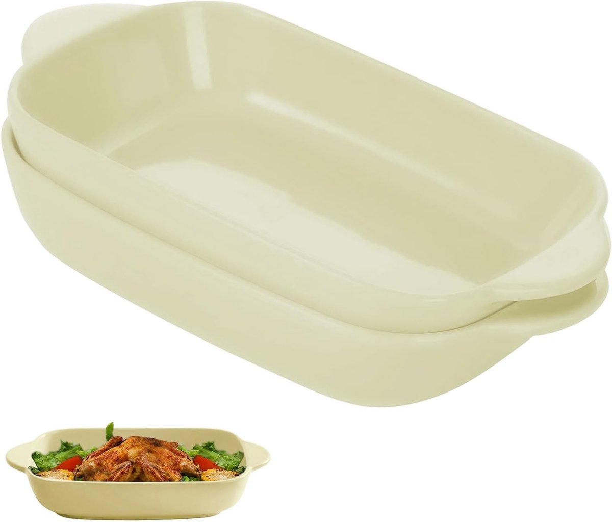Set van 2 Keramische Ovenschalen voor Lasagne, Rectangulaire Bakvorm, 22 x 13,5 x 4,5 cm, Kleurige Glazuur Schalen voor Bakken en Gourmet Gerechten
