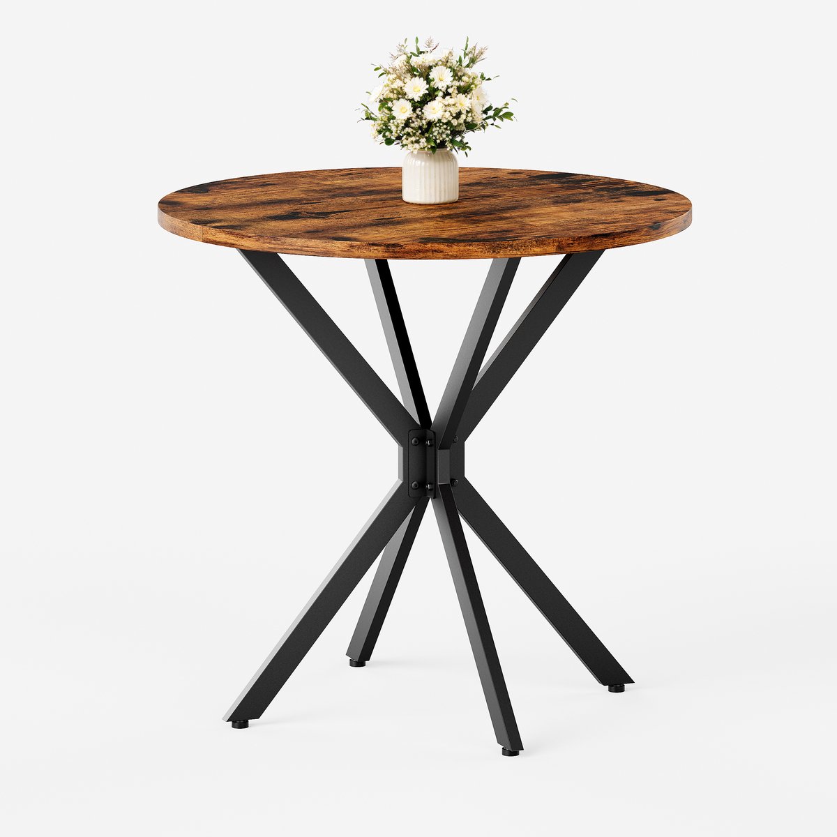 Ronde eettafel Industrieel - 80 x 80 x 75 cm - X-poot (Kruispoot) - Keukentafel voor Eetkamer & Thuiswerkplek - Bruin/Zwart