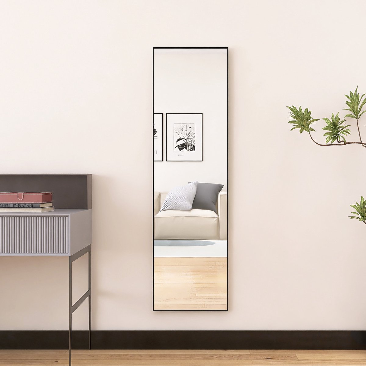 Staande spiegel 140x40cm, grote spiegel met zwart aluminium frame, grote staande/hangende wandspiegel voor woonkamer en slaapkamer
