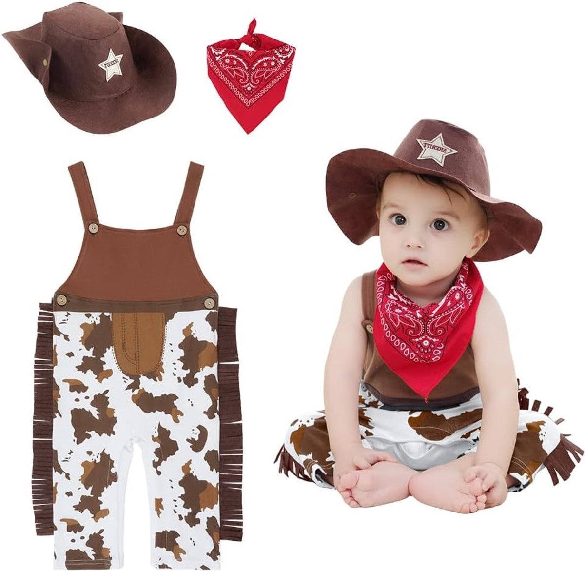 Cowboy Kostuum voor Kinderen, Dungarees Outfit met Rode Bandana en Hoed voor Feestjes, Halloween en Verkleedpartijen - 80 yards