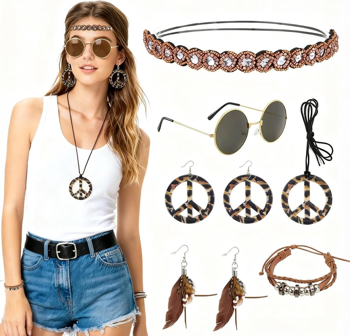 Hippie Kostuum voor Vrouwen met 70s Stijl - Boho Kleding, Carnaval Accessoires en Flower Power Outfit voor Feestjes