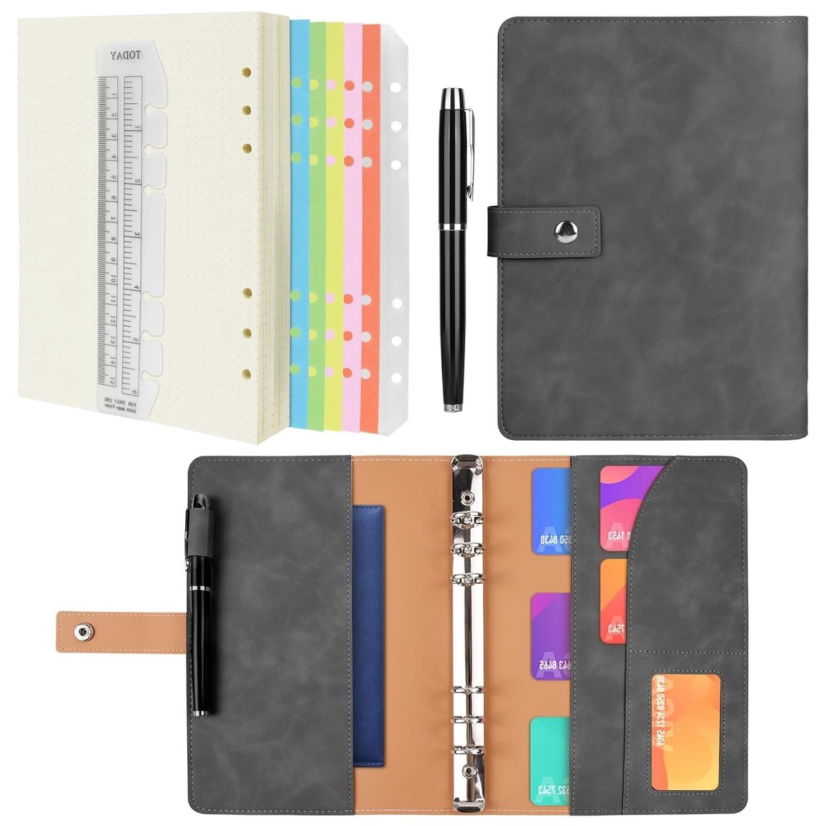 SnelShoppen - A5 Ringband Notitieboek PU Leren Dagboek, Navulbare Planner, Grijs | Inclusief A5 Dotted Papier & Interne Zakjes & Index Scheiding, Spir