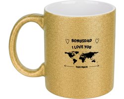 Hacebo® - Bonusdad I love you this much koffiebeker glitter goud - Vader - geweldige papa - thee mok - koffie beker - liefste bonusvader - verjaardag - cadeau - kado - bedankje - geschenk - koffiemok - 350 ML inhoud