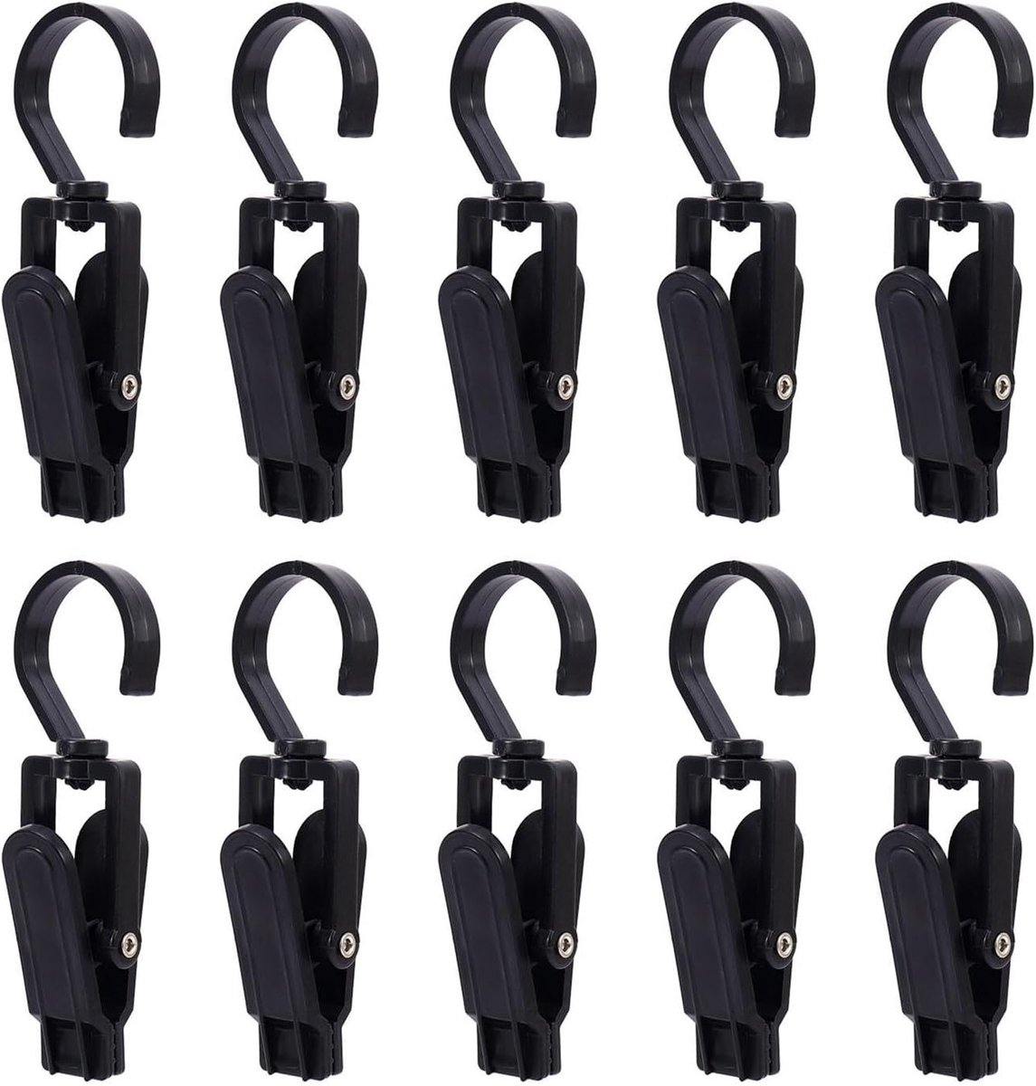 Set van 10 Hoedclips, Wasclips en Gordijnclips - Rotatable 360 Graden Plastic Haakclips voor Kleding, Sokken en Gordijnen (Zwart)