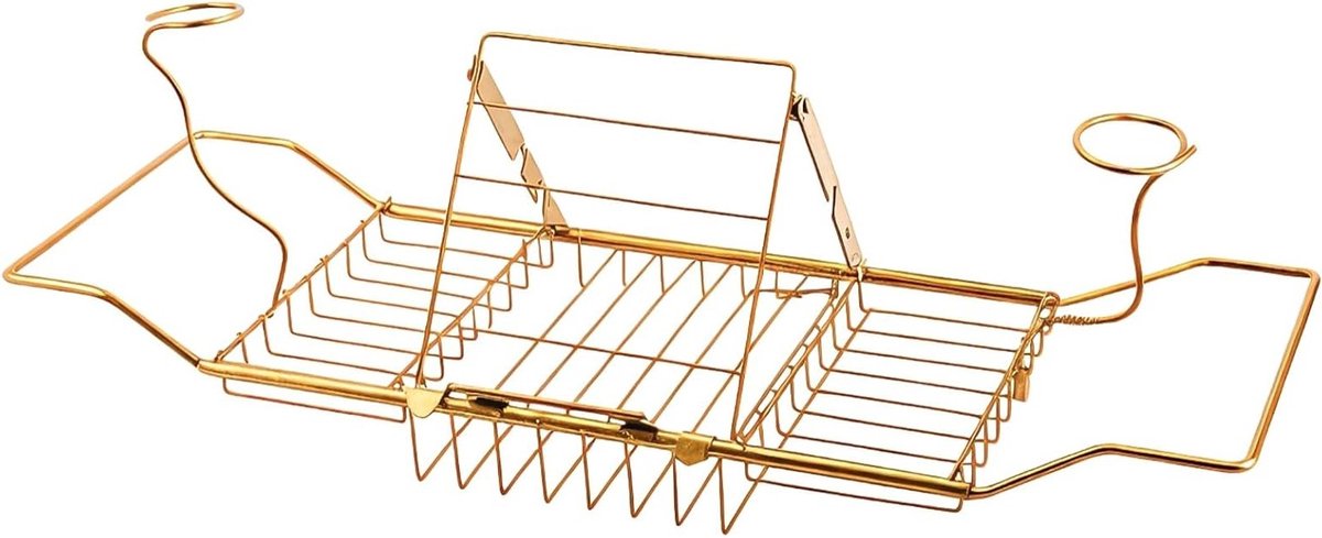 Verstelbare badkuip organizer in goudlook van robuust koolstofstaal, uitbreidbaar van 61 tot 84 cm, met draaibare standaard en twee bekerhouders voor maximaal comfort en functionaliteit