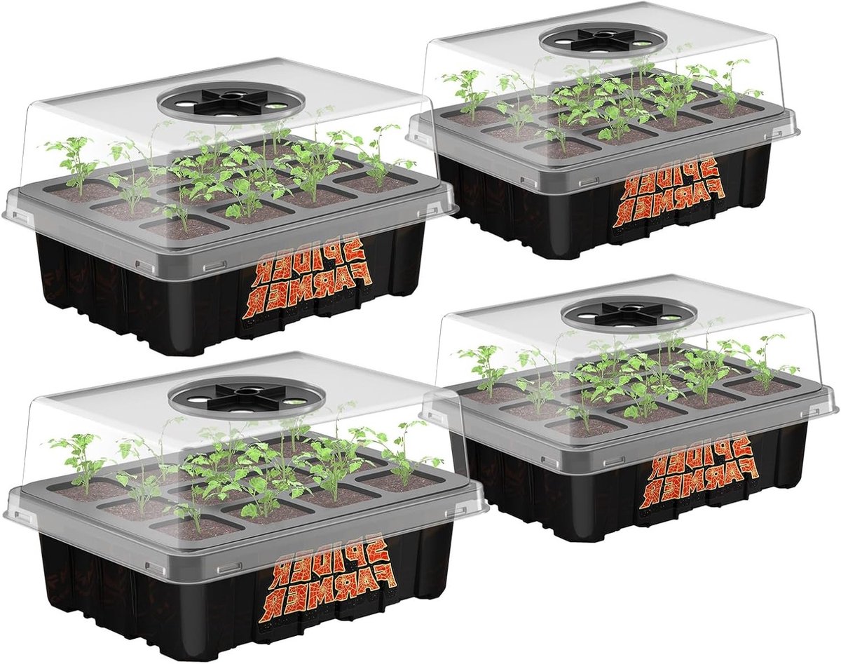Indoor Kweekbak Set van 4 met 12 Cellen, Mini Kweekkit met Geventileerde Deksel voor Zaadkieming en Planten Groei