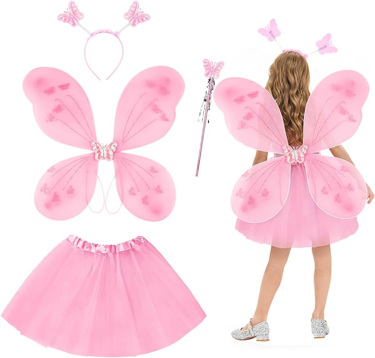 Paarse Glanzende Vlinder Kostuum voor Kinderen met Tutu en Vleugels voor Verjaardag, Carnavalsfeest en Cosplay