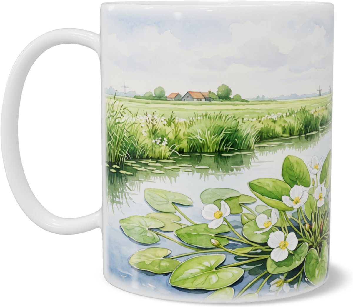 Mok Aquarel Series Kikkerbeet op Water met Hollandse Molens Landschap