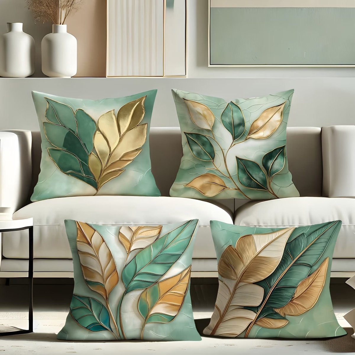 4-Pack Moderne Saliegroene en Gouden Blad Kussensloop Set - Polyester,45x45 cm