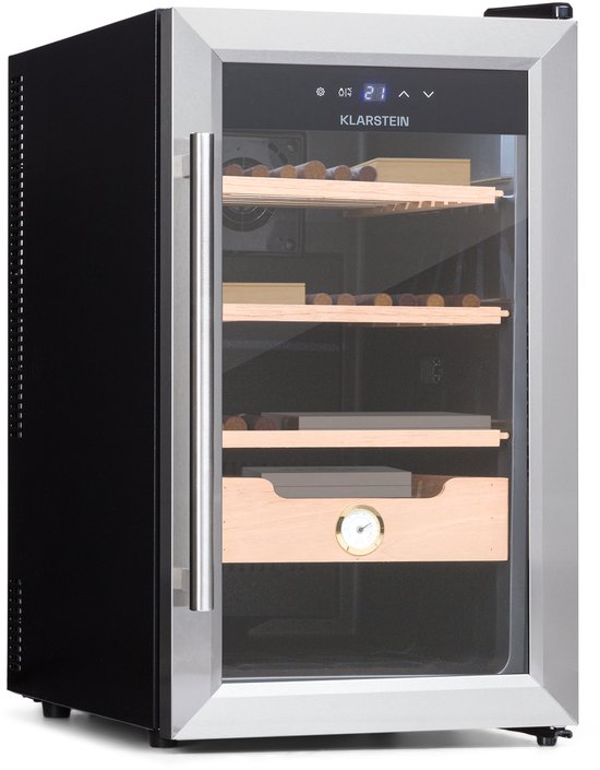 Klarstein Humidor El Presidente Sigarenhumidor – Thermo-elektrische Kast met Glazen Deur, Humidor met Cederhouten Laden, Hygrometer, LED-binnenverlichting, 48 Liter, Zilver - voor Sigaren - Met Hygrometer - Sigarendoos - Cigar Humidor