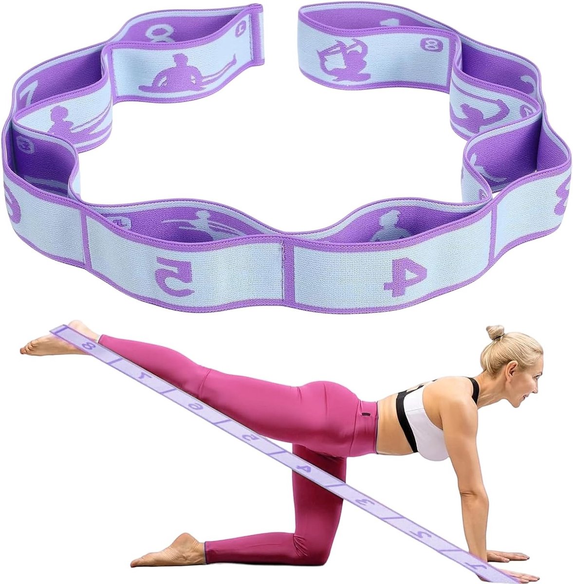 Verstelbare Yoga Stretchband met 8 Lussen - Elastische Fitnessband voor Effectieve Rek- en Stretchoefeningen, Pilates en Dans - Lichtgewicht en Duurzaam Materiaal