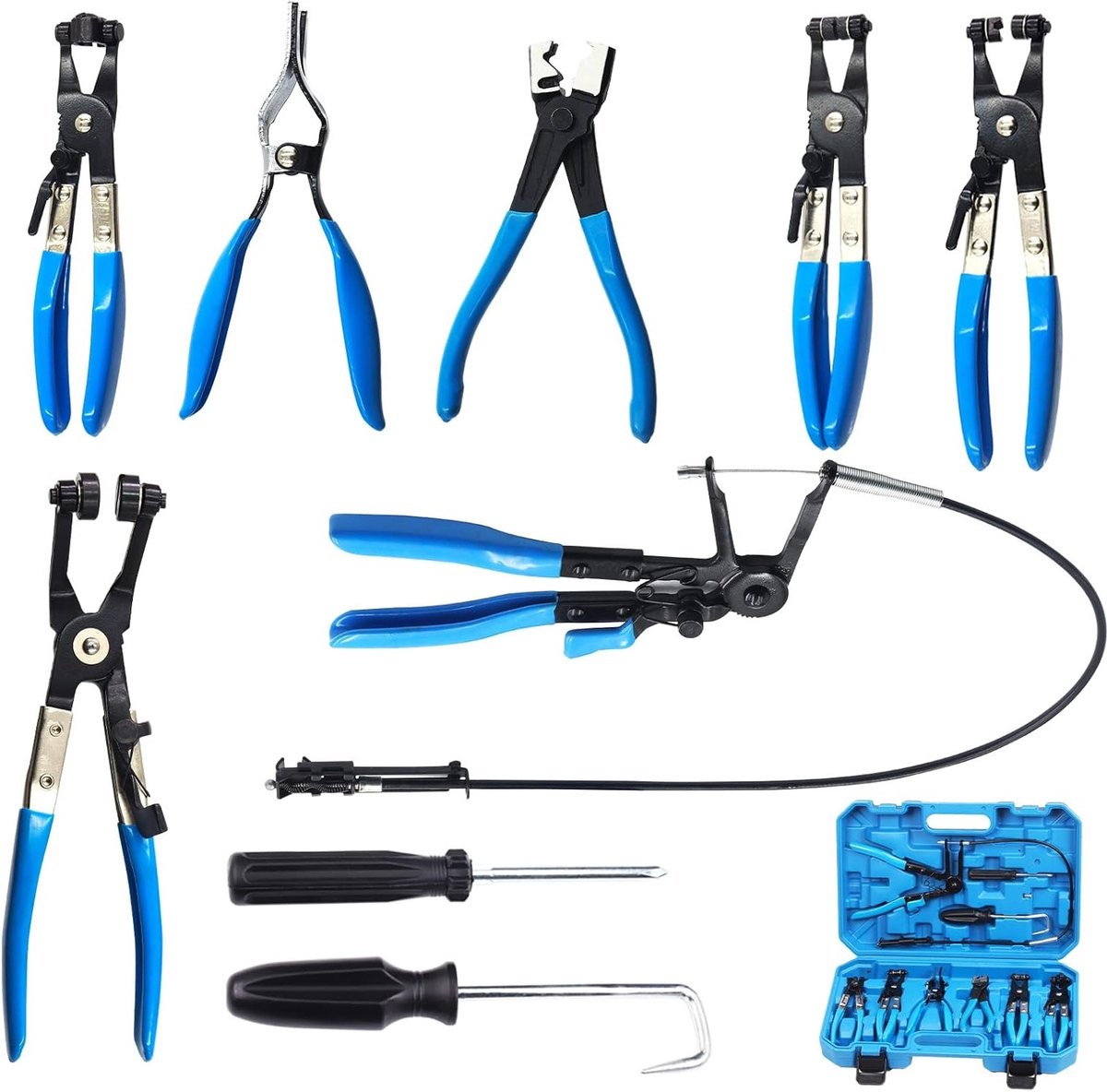 Set van slangklemmen met opbergdoos en speciale tang voor Bowdenkabels en slangen