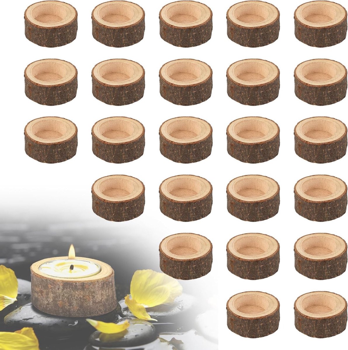24 houten theelichthouders, binnen diameter 38 mm, perfect als cadeau-idee voor Halloween, Kerst en Valentijnsdag, sfeervolle woondecoratie