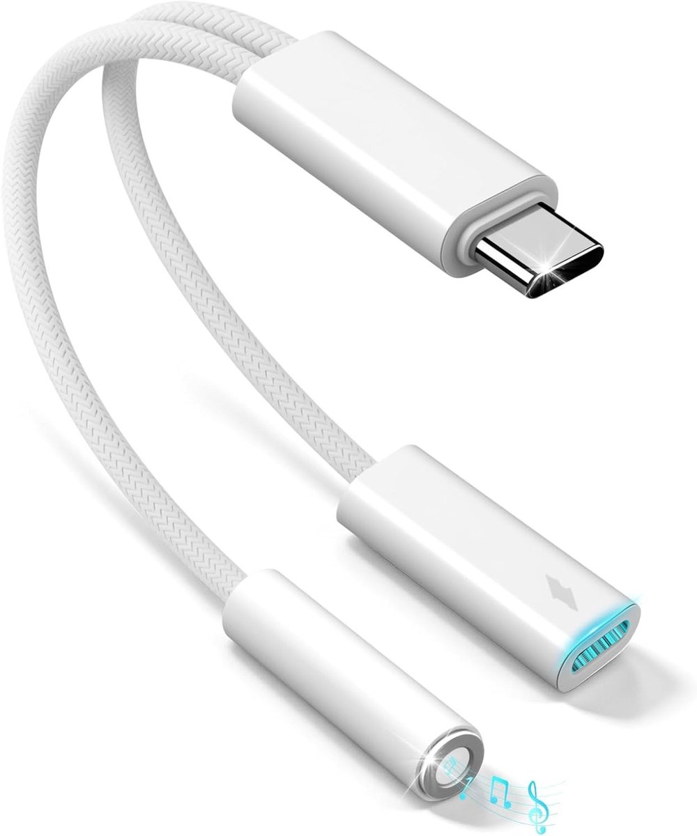 Adapter voor USB-C naar RCA en 3,5 mm aansluiting, 2-in-1 hoofdtelefoon en oplader, 60W snel opladen voor iPhone en Samsung smartphones