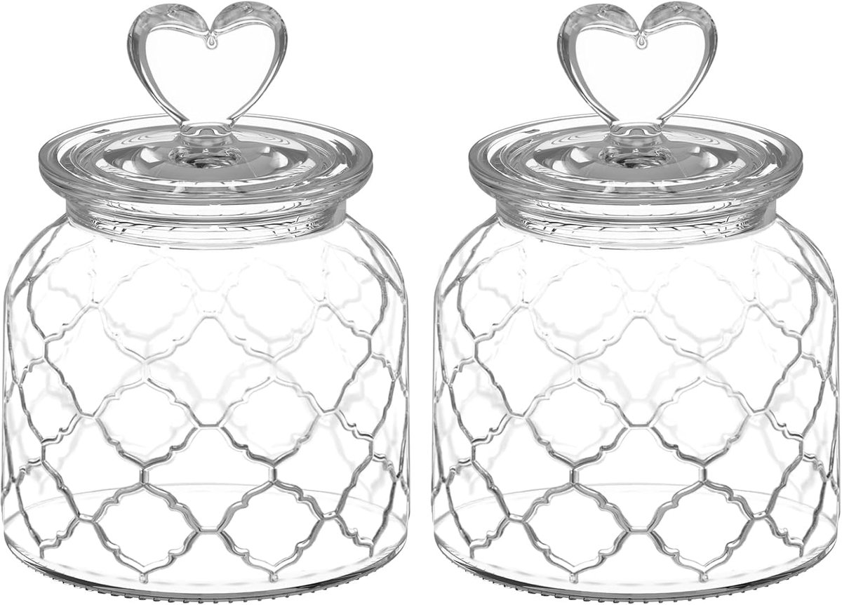 JeiibrZui Hartvormige Glazen Voorraadpotten Set - 650 ml - 2 Stuks - Transparant Glas met Luchtdicht Deuksel voor Snoep, Koekjes en Koffiebonen in Keuken en Eetkamer