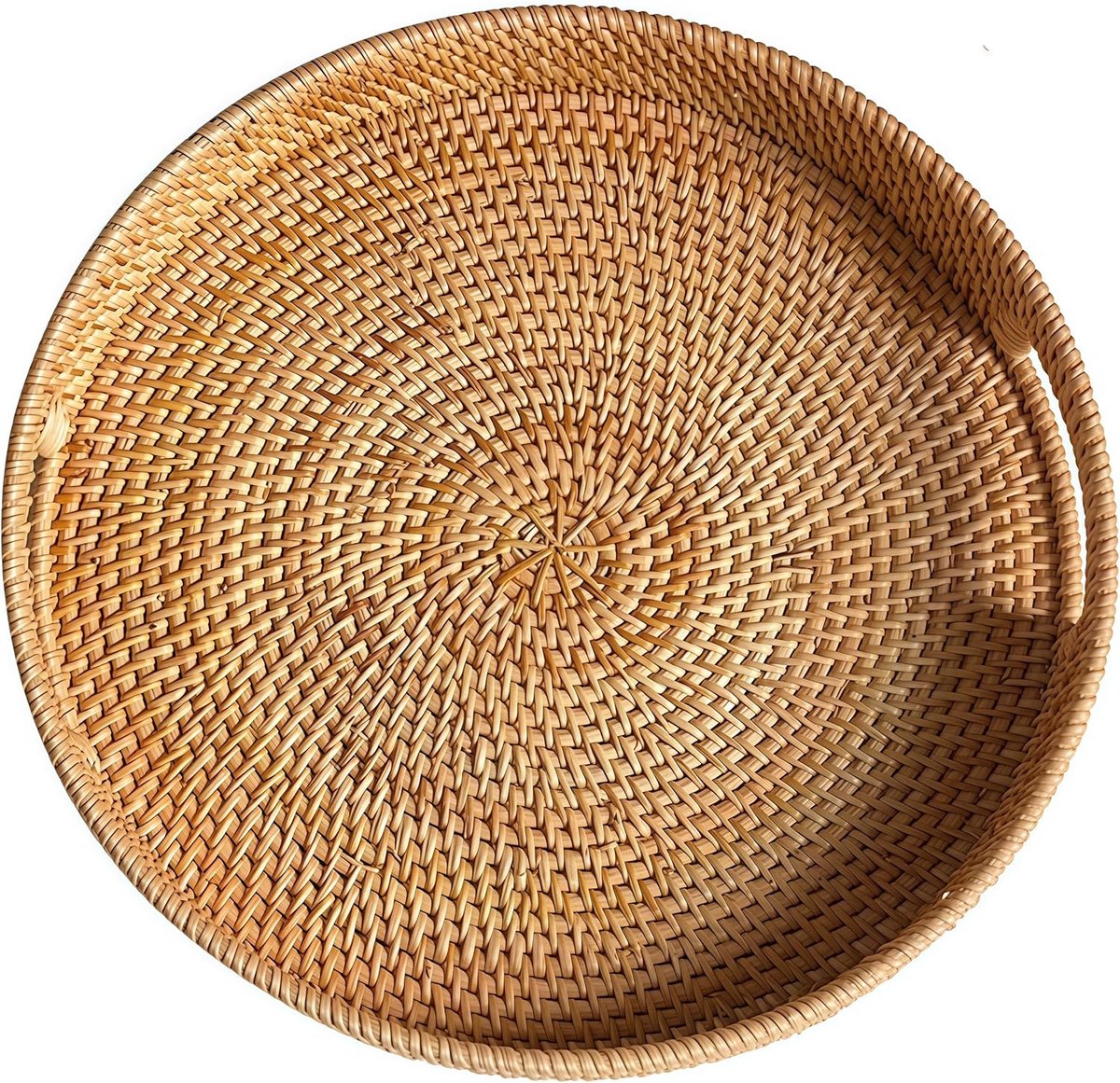 JeiibrZui Natuurlijk Rieten Dienblad - 34 cm - Handgeweven Serveerschaal met Handvatten - Rond Wicker Tray voor Keuken en Woonkamer