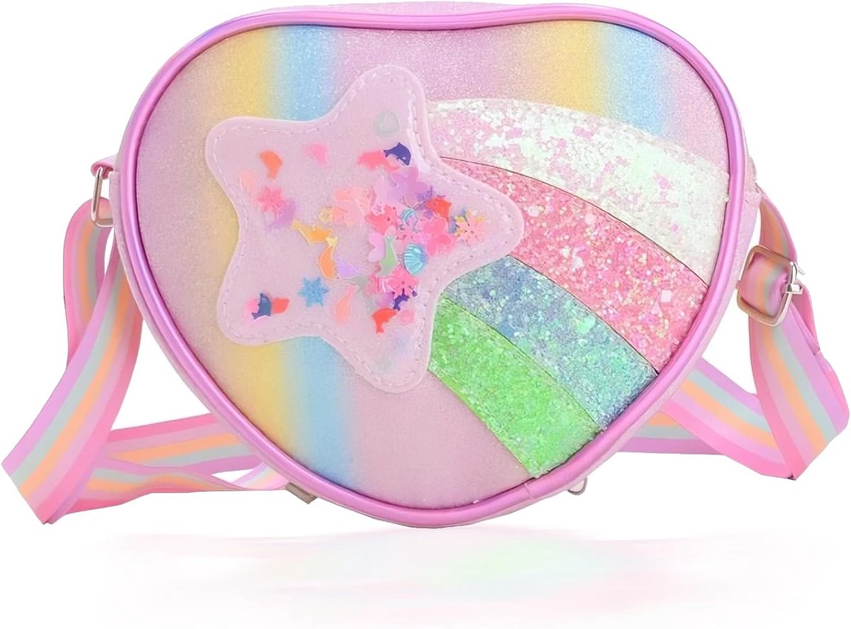 JeiibrZui Meisjes Glitter Schoudertas - Regenbogen Serie - 17x14x5cm - Verstelbare Riemen - Roze Regenbogen