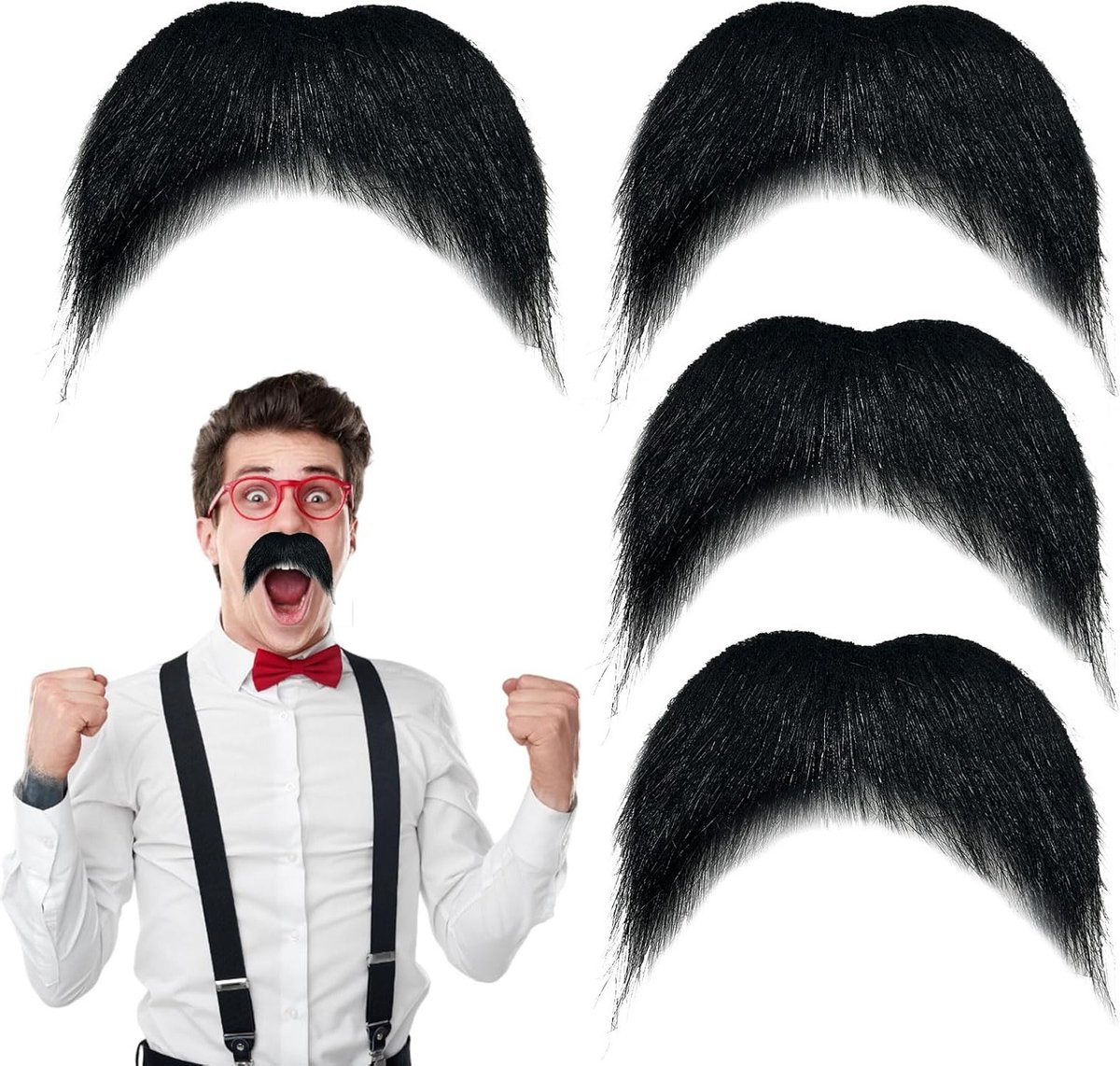 Set van 4 Zelfklevende Baarden en Snorren voor Halloween en Cosplay, Realistische Valse Baarden, Zwart en Makkelijk aan te Brengen