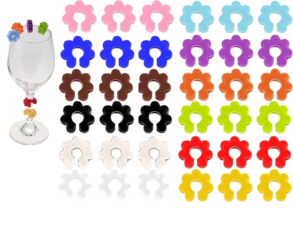 Siliconen Glazenmarkers - 36 Stuks voor Wijn, Champagne en Cocktails - Hygiënisch en Herbruikbaar voor Feesten en Bruiloften