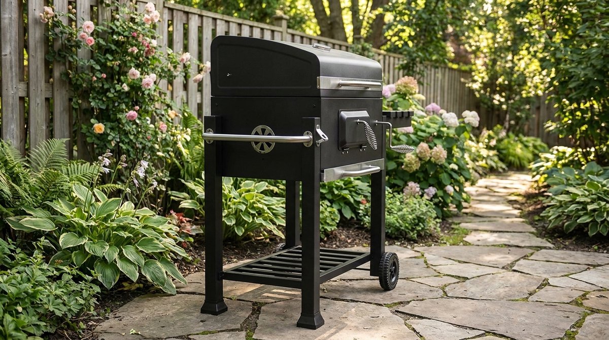 Houtskoolbarbecue Grillwagen met Deksel en Thermometer - House&Garden BBQ Grill Kar op Wielen - Verstelbaar Kolenrooster - Buitenbarbecue met Zijplank, Warmhoudrek & Ventilatiesysteem - Zwart