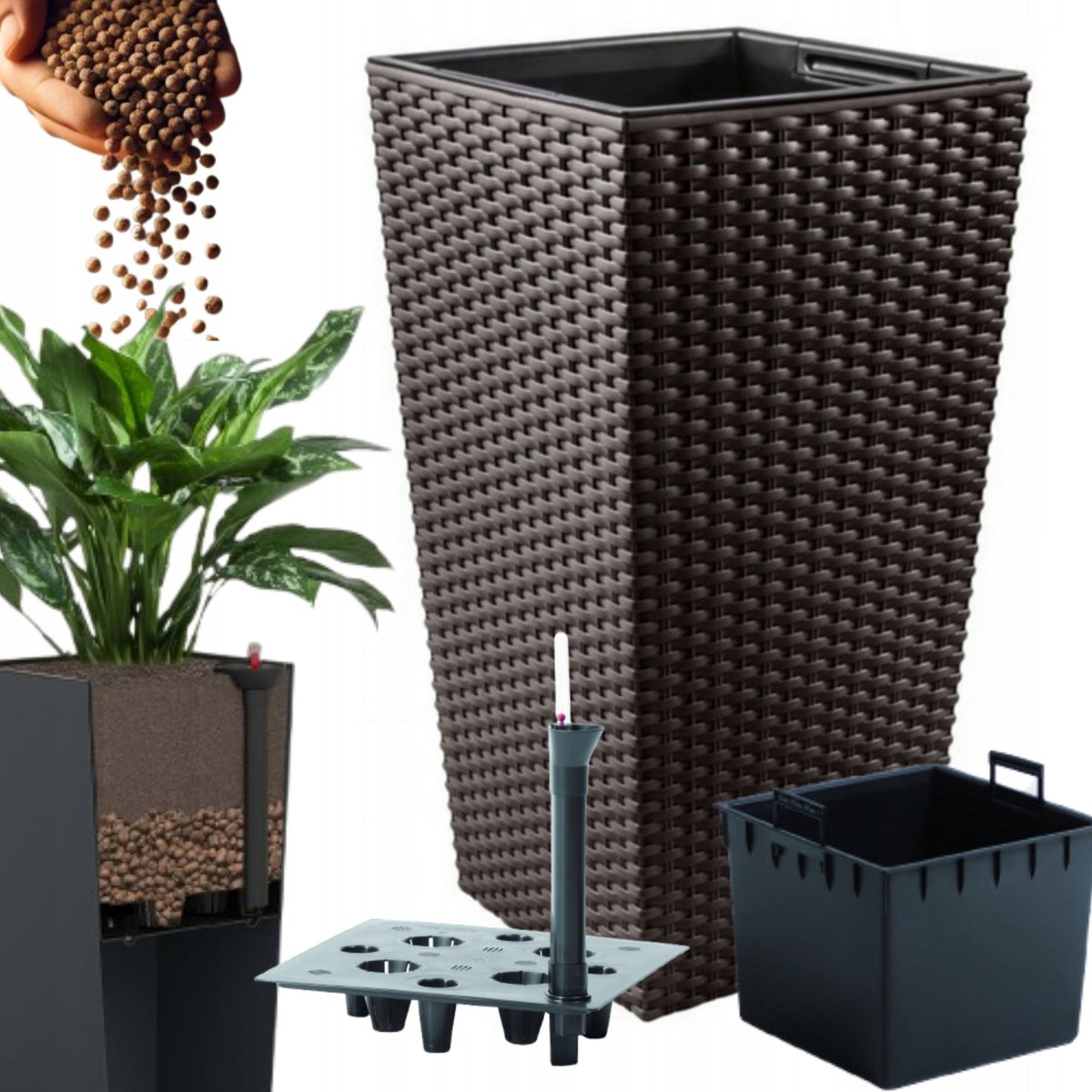 Hoge Rattan Optiek Pot met Inzet & Watergeefsysteem 50cm