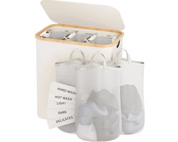 Novendo Goods - Wasmand 160L met 3 vakken - Slanke wasmand met uitneembare waszak - Was sorteerder met handgrepen voor badkamer en slaapkamer