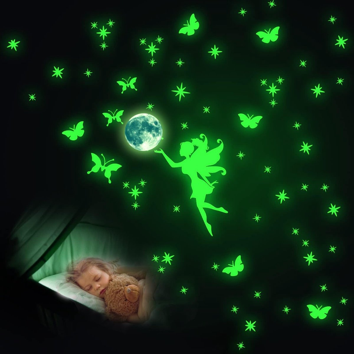 Dailygoods- Muursticker Lichtgevend - Feeën/ Sterren/ Maan - Decoratie Kinderkamer - PVC - Set Lichtgevende Stickers - Creëert Slaapsfeer - Decoratiestickers