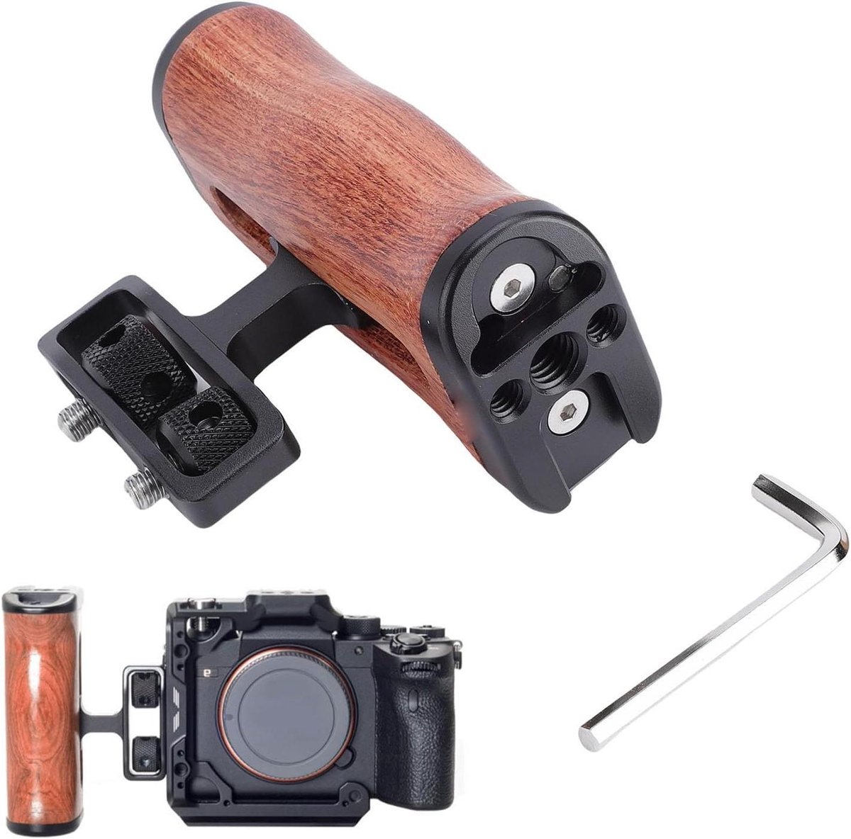 Houten Cameragreep - Zijhandgreep Kooi - Stabiliseren Video - Verstelbare Schroef - 11 x 10 x 6 cm - Bruin