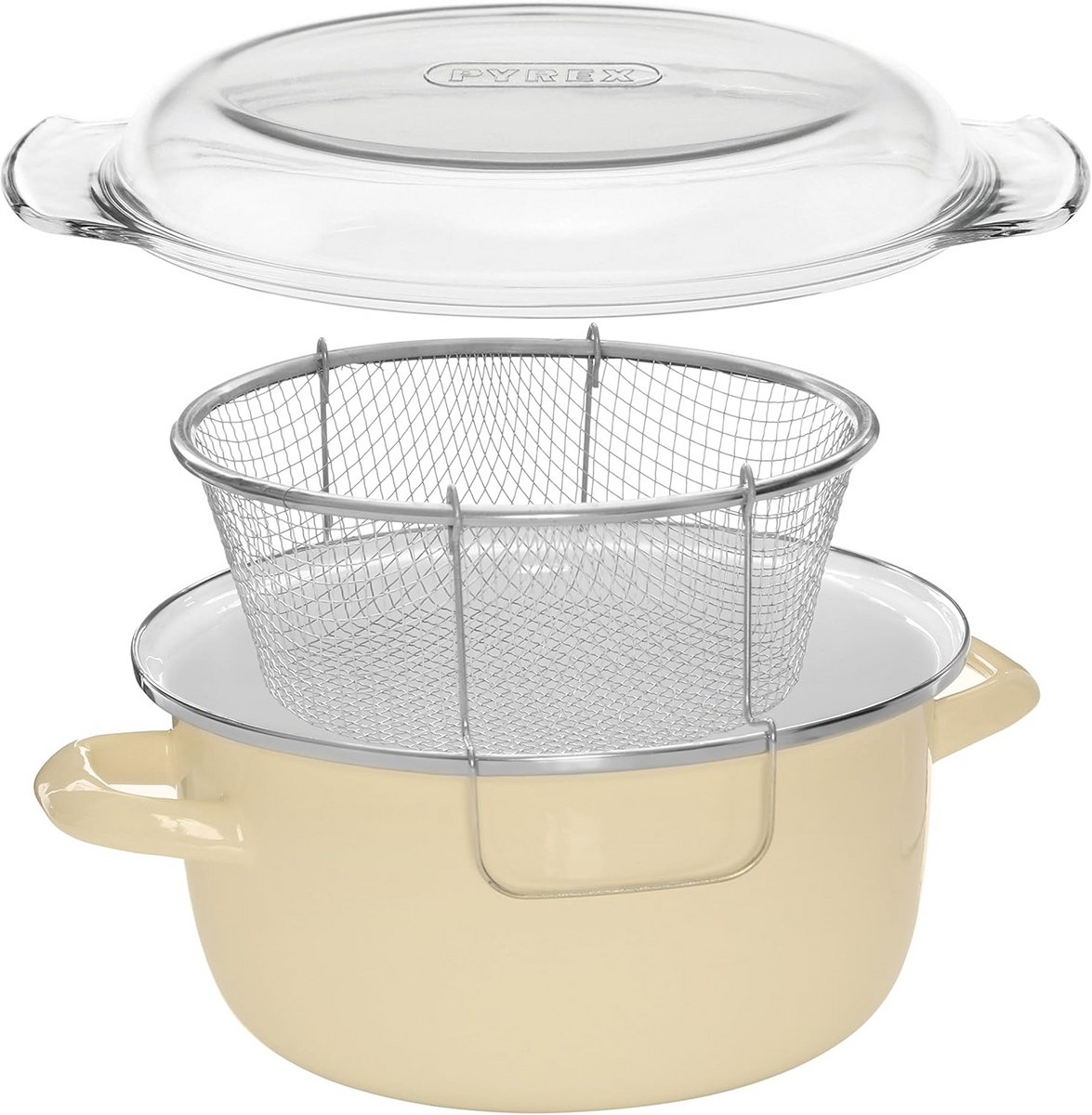 Diepe Vet Friteuse - Frituurpan Emaille - Lekkere Snacks Maken - Met Glazen Deksel - 5 Liter Inhoud - Roomkleurig