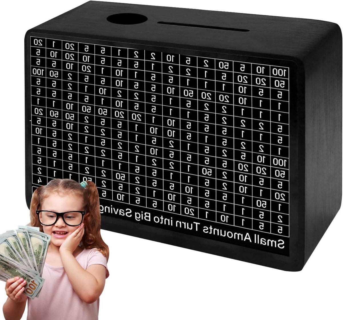 Spaarbox Uitdaging - Houten Geldhouder - Doelen Stellen - 10.000 Spaaruitdaging - 20 x 14 x 8 cm - Dollar