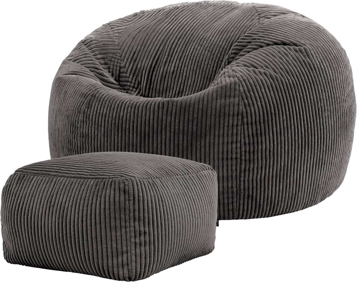 Zitzak met Voetenbank - Zitkussen Set - Comfortabel Ontspannen - Zachte Corduroy Stof - 85x85x50 cm - Donkergrijs
