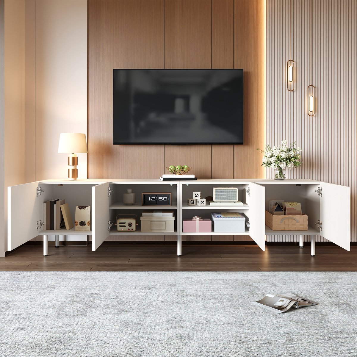 OKWISH Tv-Meubel – 4 Deuren Met Push-To-Open – Woonkamer Lowboard Met Kabeldoorvoer – Wit MDF En Spaanplaat – 170x35x50 Cm