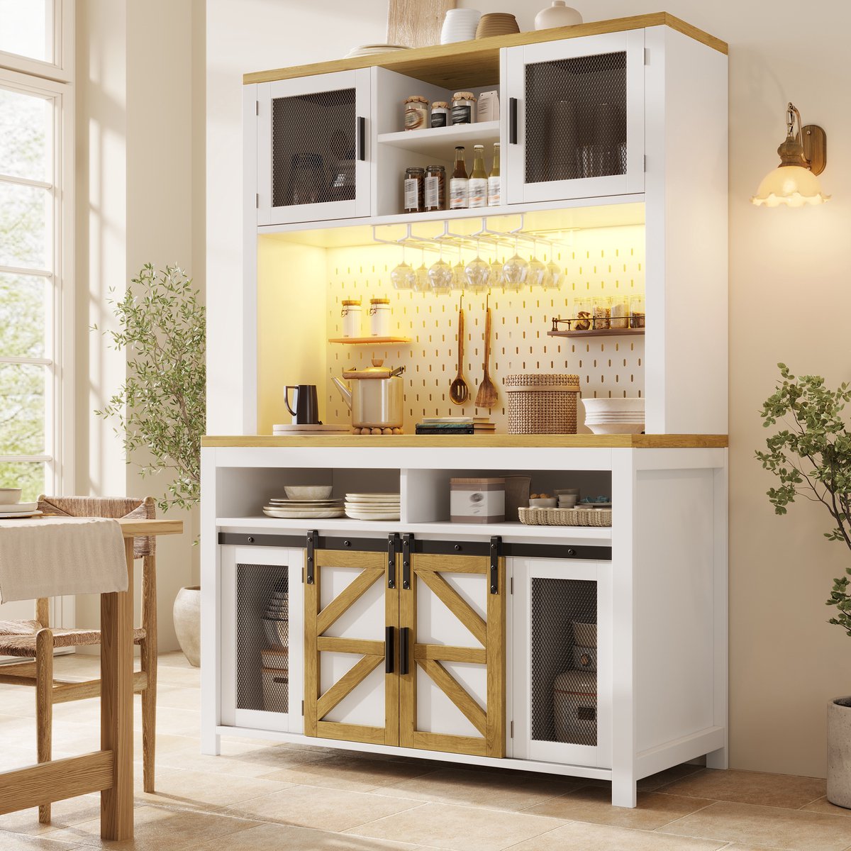 OKWISH Keukenkast Hoge Kast Met Led En Usb Stopcontact 120x40x174,5 Cm Multifunctionele Op