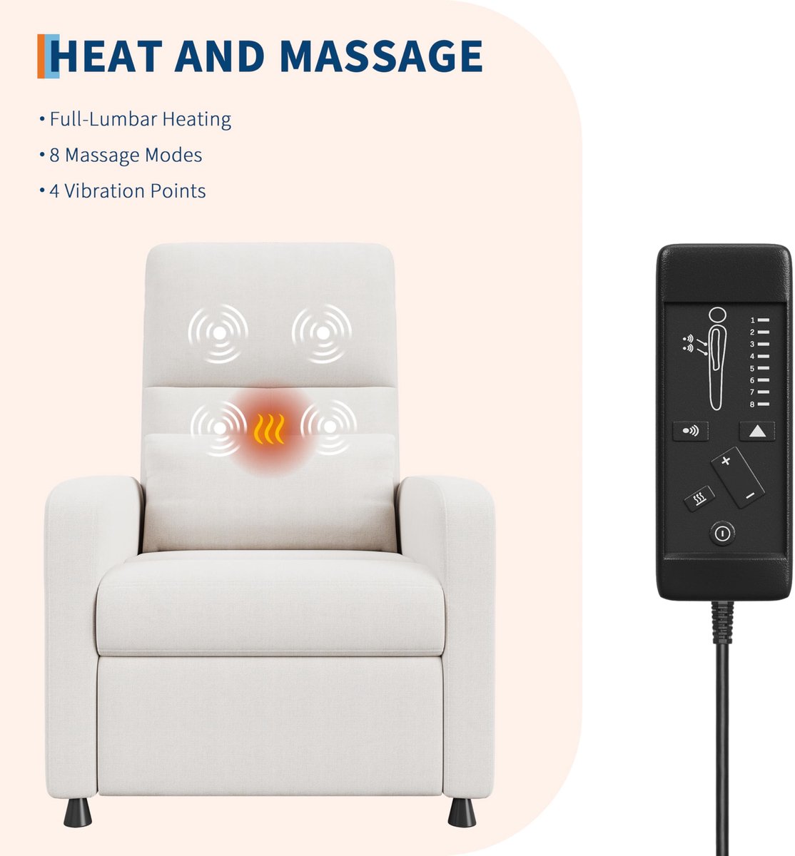 Relaxstoel Massagestoel Elektrisch, Verstelbare TV Fauteuil met Ligfunctie, Massage en Verwarming, Enkel Zitbank, Voor Woonkamer, Slaapkamer, Leeshoek, Wit – foto 7