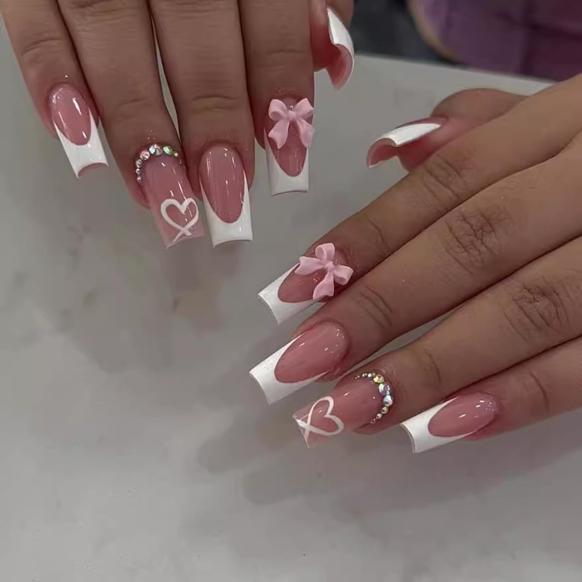 BRENZOOS- Nagelstickers Roze - Franse Kunstnagelstickers - Strass Strikdesign - 24 Stuks - Middelgroot - Inclusief Nagelvijl en Kleefstrips - Nepnagels