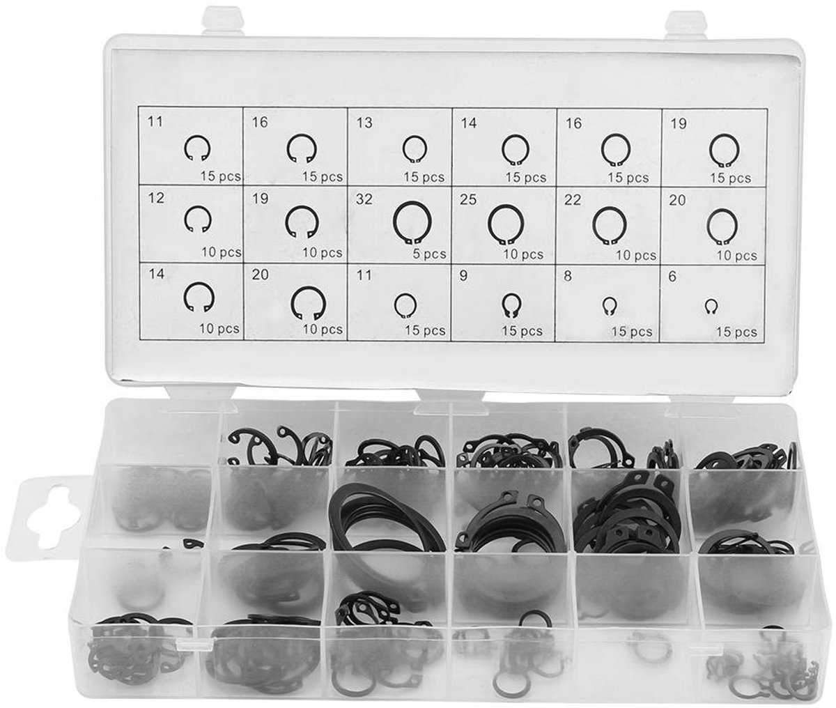 BRENZOOS- Retaining Rings 225 Stuks - Metalen Snap Clips - 18 Maten - Opbergdoos - Binnen/Buiten Gebruik - Voorkomt Laterale Beweging - Circlips