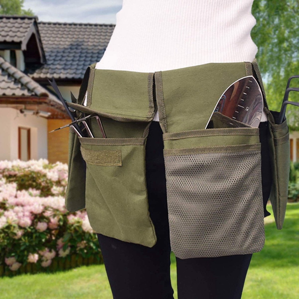 BRENZOOS- Riemtas Waterdicht - Tuingereedschap Tas - Organizer met 4 Zakken - Duurzaam Canvas - Taille Riem 125cm - Ideaal voor Tuinieren - Tuingereedschapstas
