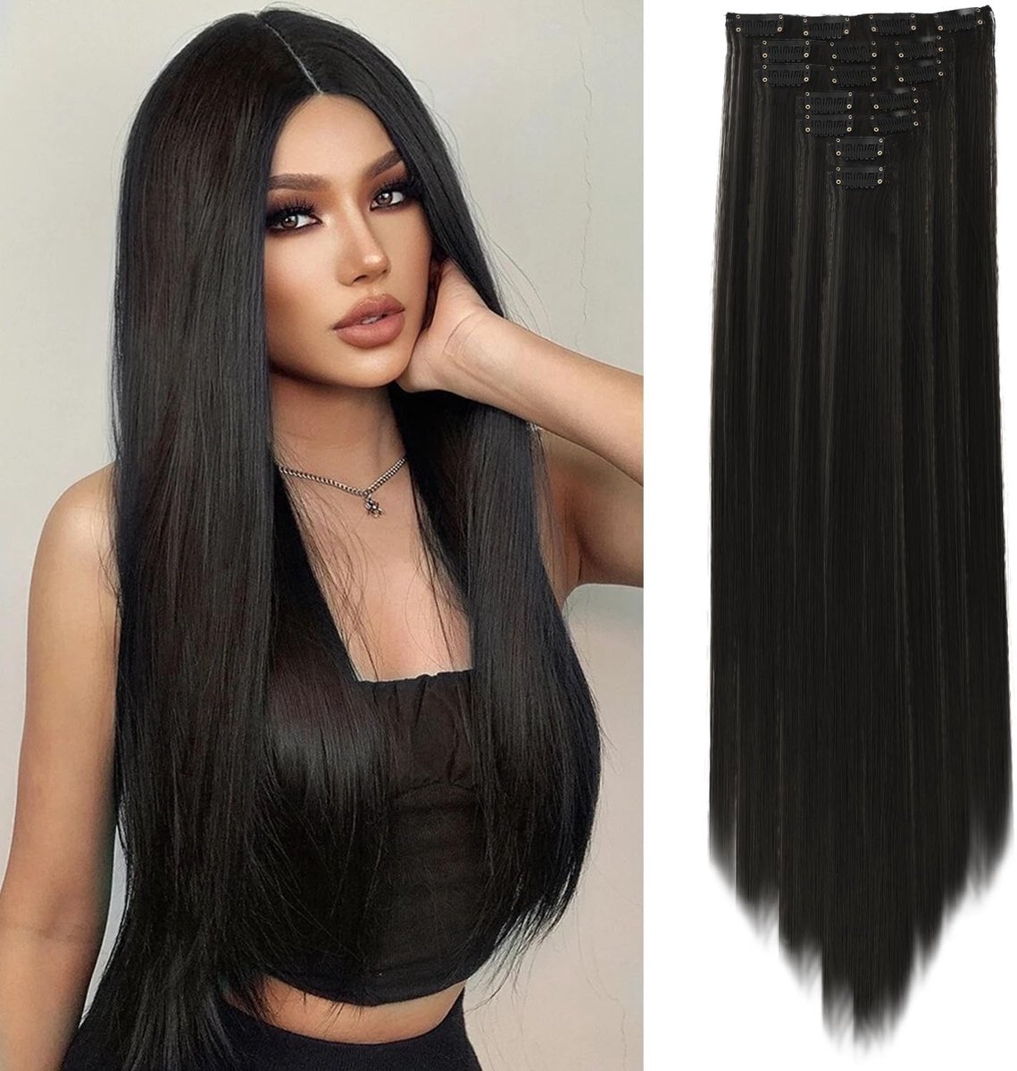BRENZOOS- Hairextensions 56 cm - 7 Stuks Synthetische Vezels - Steil/Golvend - Natuurlijk Zwart - Hittebestendig - Lichtgewicht - Haarverlengingen