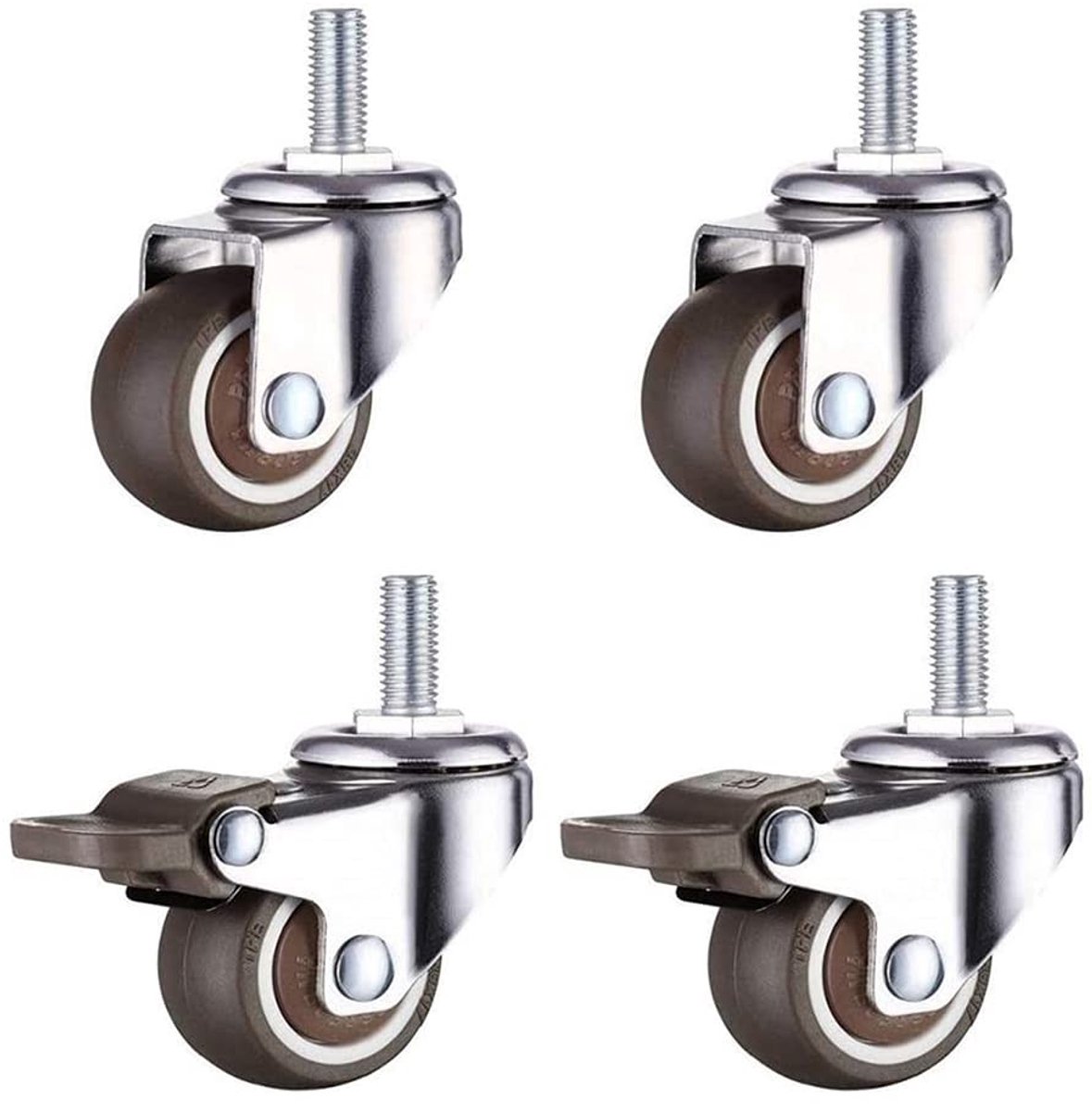 JHUBERS- Meubelwielen Set van 4 - Zwenkwielen met Schroefdraad M6 x 15 mm - Draagvermogen 40 kg - Zacht Rubber TPE - Met/zonder Rem - Wieldiameter 25 mm